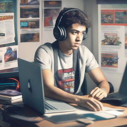 A university student who is also a gamer, sitting at a desk with a laptop and gaming gear