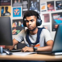 A university student who is also a gamer, sitting at a desk with a laptop and gaming gear