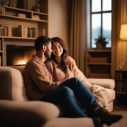 A woman sitting on a man's lap in a cozy living room setting, both smiling and enjoying each other's company