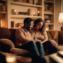 A woman sitting on a man's lap in a cozy living room setting, both smiling and enjoying each other's company