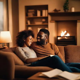 A woman sitting on a man's lap in a cozy living room setting, both smiling and enjoying each other's company