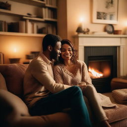 A woman sitting on a man's lap in a cozy living room setting, both smiling and enjoying each other's company