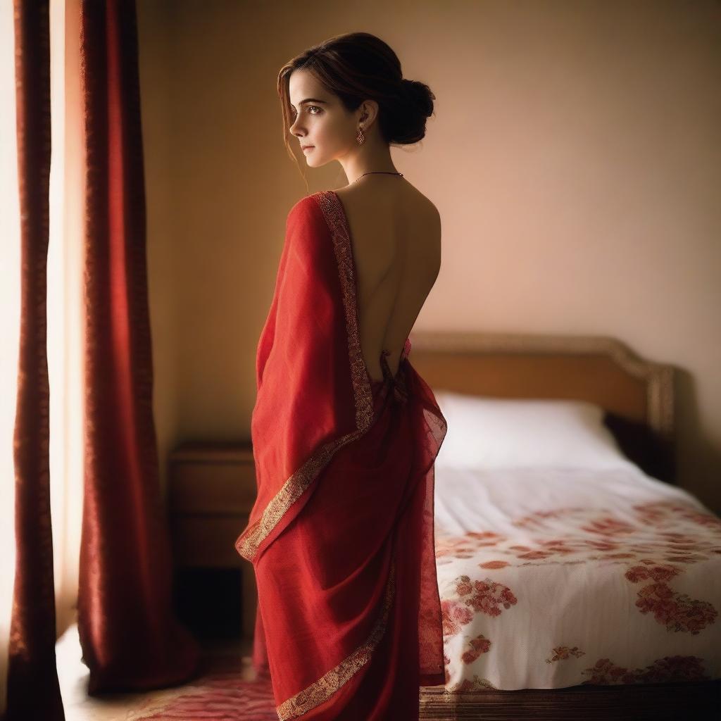 Emma Watson wearing a red saree, showing her bare back, standing in a bedroom