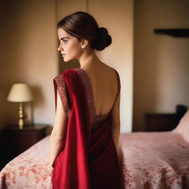 Emma Watson wearing a red saree, showing her bare back, standing in a bedroom