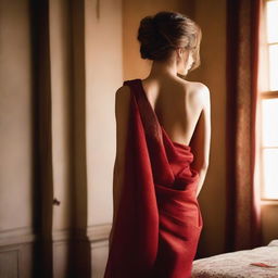 Emma Watson wearing a red saree, showing her bare back, standing in a bedroom