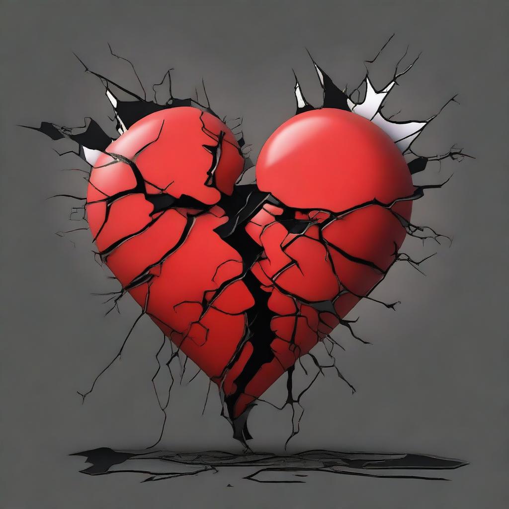 A detailed illustration of a broken heart, with cracks and pieces falling apart