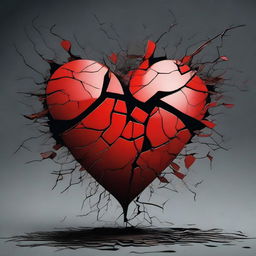 A detailed illustration of a broken heart, with cracks and pieces falling apart