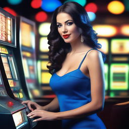 Create a photo-realistic image of a sexy woman in a blue dress playing a slot machine