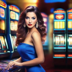 Create a photo-realistic image of a sexy woman in a blue dress playing a slot machine