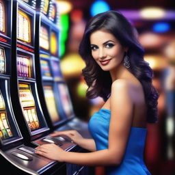 Create a photo-realistic image of a sexy woman in a blue dress playing a slot machine