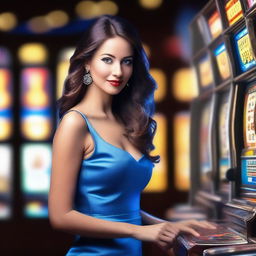 Create a photo-realistic image of a sexy woman in a blue dress playing a slot machine