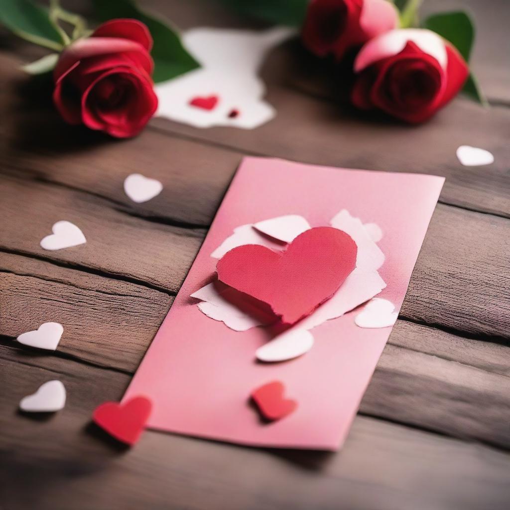 A torn Valentine's Day card lying on a wooden table