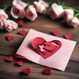 A torn Valentine's Day card lying on a wooden table