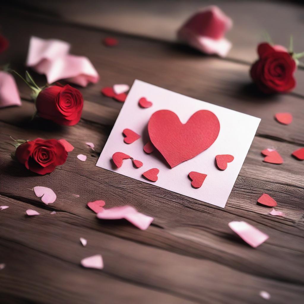 A torn Valentine's Day card lying on a wooden table