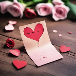 A torn Valentine's Day card lying on a wooden table