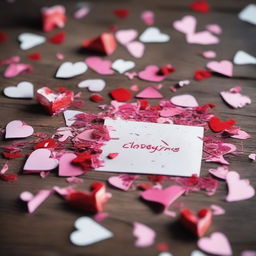 A shredded Valentine's Day card scattered across a wooden table