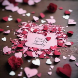 A shredded Valentine's Day card scattered across a wooden table