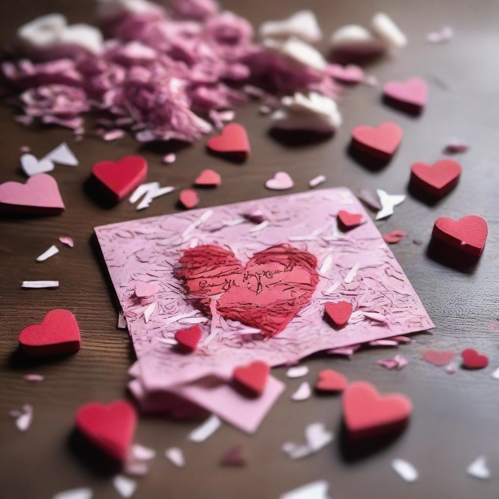 A shredded Valentine's Day card scattered across a wooden table