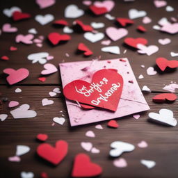 A shredded Valentine's Day card scattered across a wooden table