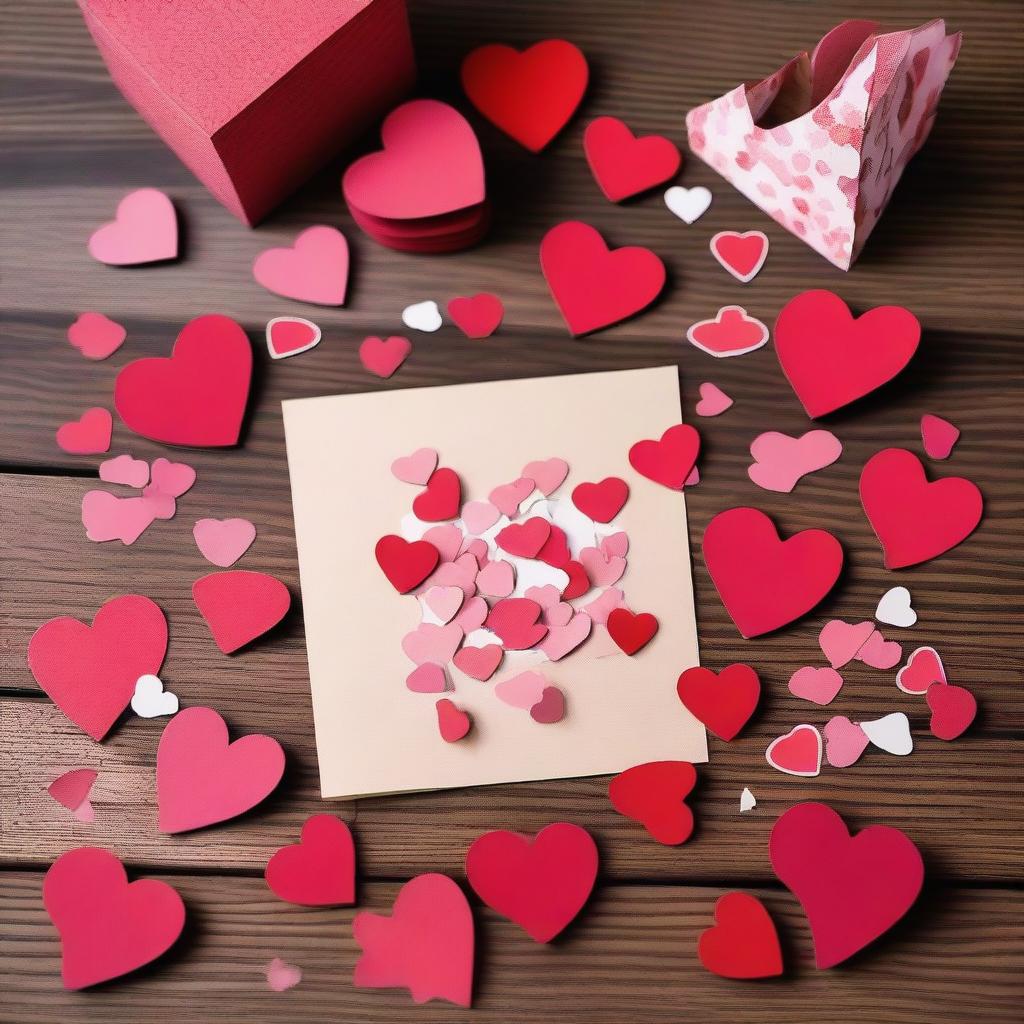 A cut-up Valentine's Day card with pieces neatly arranged on a wooden table