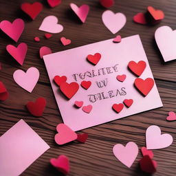 A cut-up Valentine's Day card with pieces neatly arranged on a wooden table