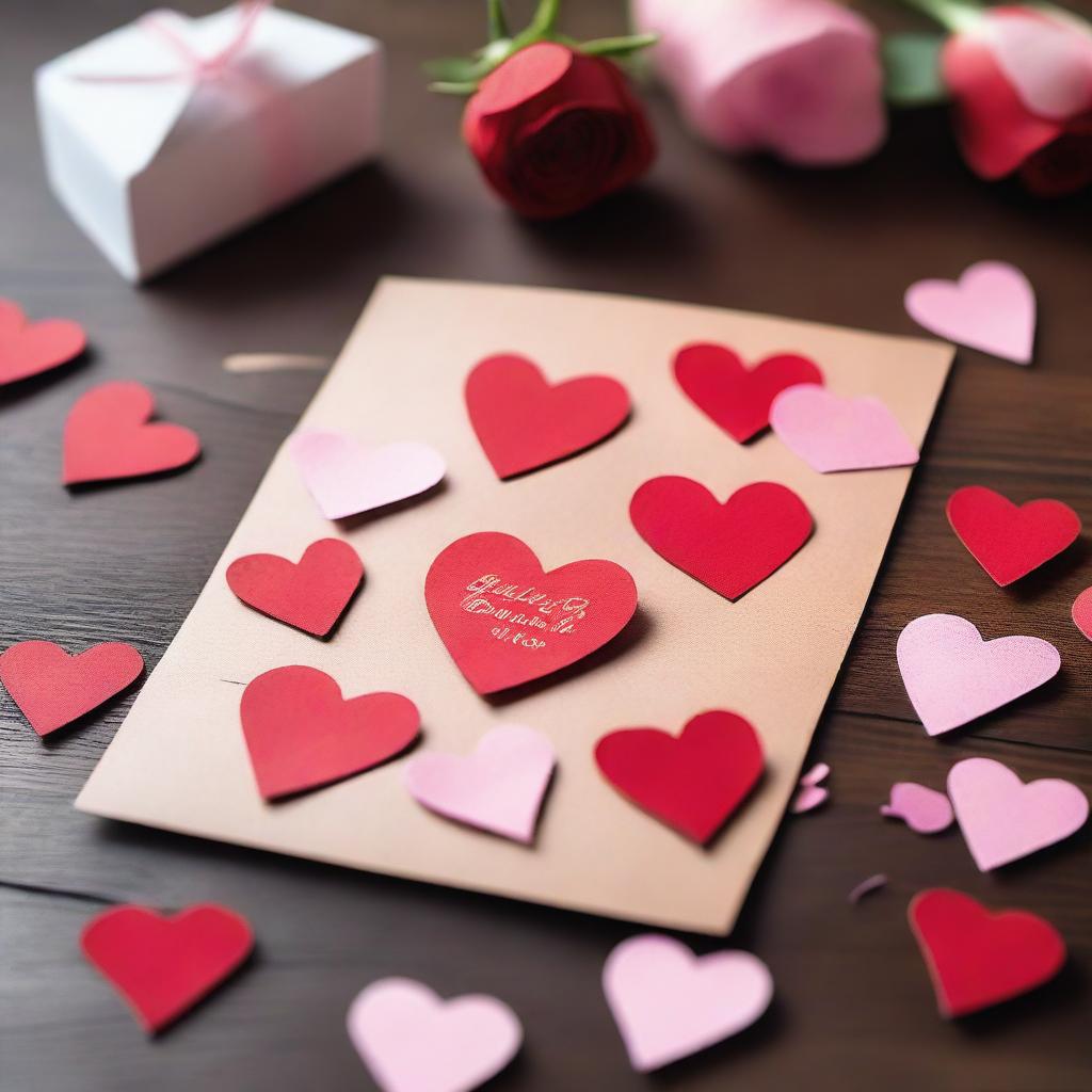 A cut-up Valentine's Day card with pieces neatly arranged on a wooden table