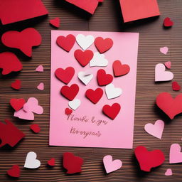 A cut-up Valentine's Day card with pieces neatly arranged on a wooden table