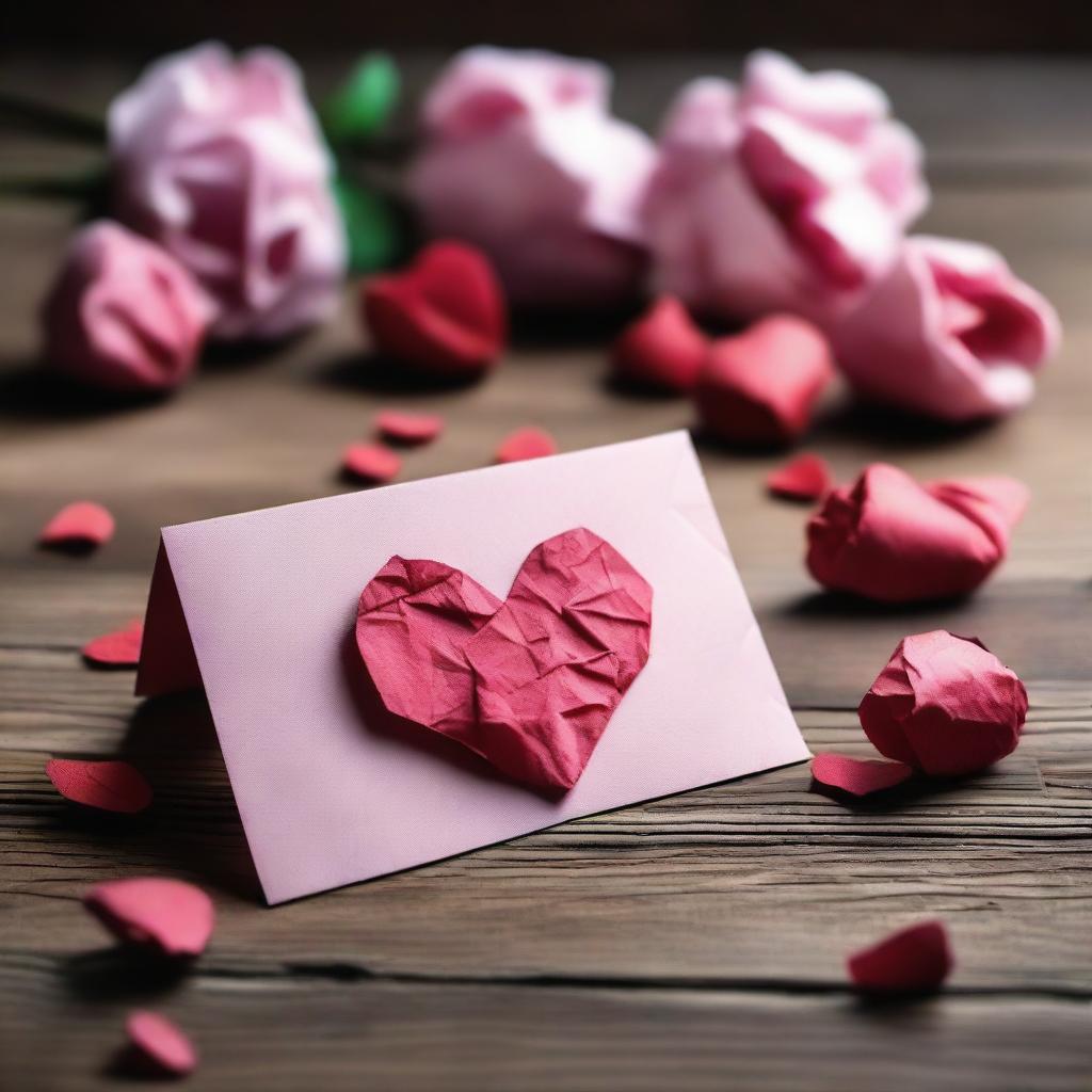 A crumpled up Valentine's Day card lying on a wooden table