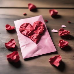 A crumpled up Valentine's Day card lying on a wooden table