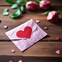 A crumpled up Valentine's Day card lying on a wooden table