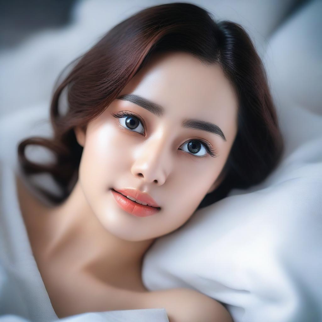 A beautiful woman with a gorgeous face and bright big eyes, lying on a white bed