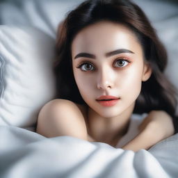 A beautiful woman with a gorgeous face and bright big eyes, lying on a white bed