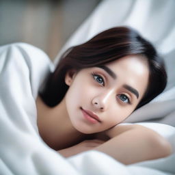 A beautiful woman with a gorgeous face and bright big eyes, lying on a white bed