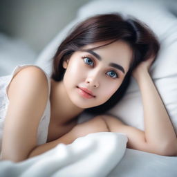 A beautiful woman with a gorgeous face and bright big eyes, lying on a white bed