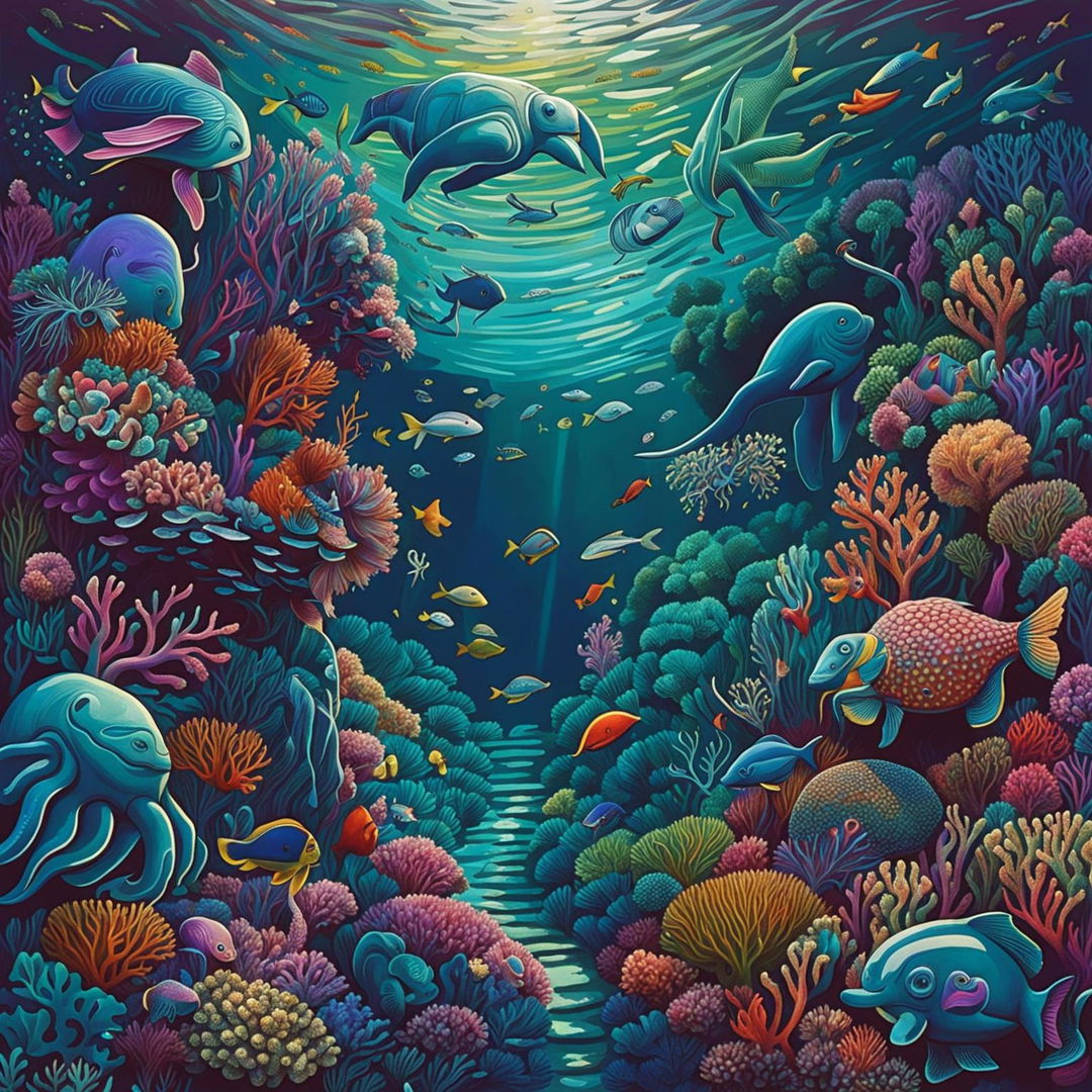 A vibrant underwater scene featuring a diverse array of marine life including a squid, octopus, turtle, jellyfish, lobster, crab, pufferfish, dolphin, whale, various fish species, shark, seal, hippopotamus, peacock, and parrot, set against a backdrop of colorful coral reefs and aquatic plants