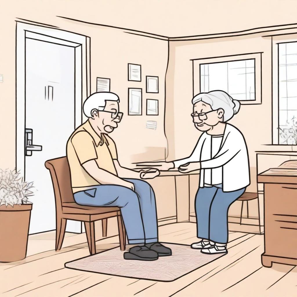 Create a hand-drawn style image depicting the behavior of elderly people in an indoor lighting environment