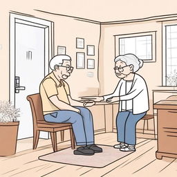 Create a hand-drawn style image depicting the behavior of elderly people in an indoor lighting environment