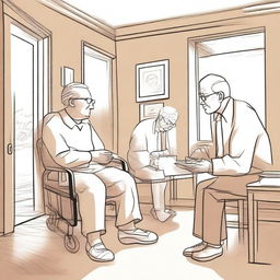 Create a hand-drawn style image depicting the behavior of elderly people in an indoor lighting environment