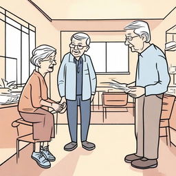 Create a hand-drawn style image depicting the behavior of elderly people in an indoor lighting environment