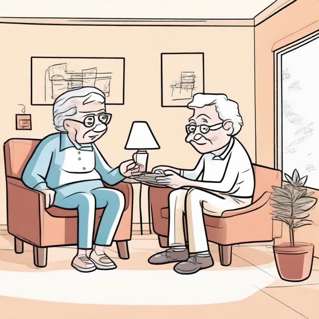 Create a hand-drawn style image depicting the behavior of elderly people in an indoor lighting environment