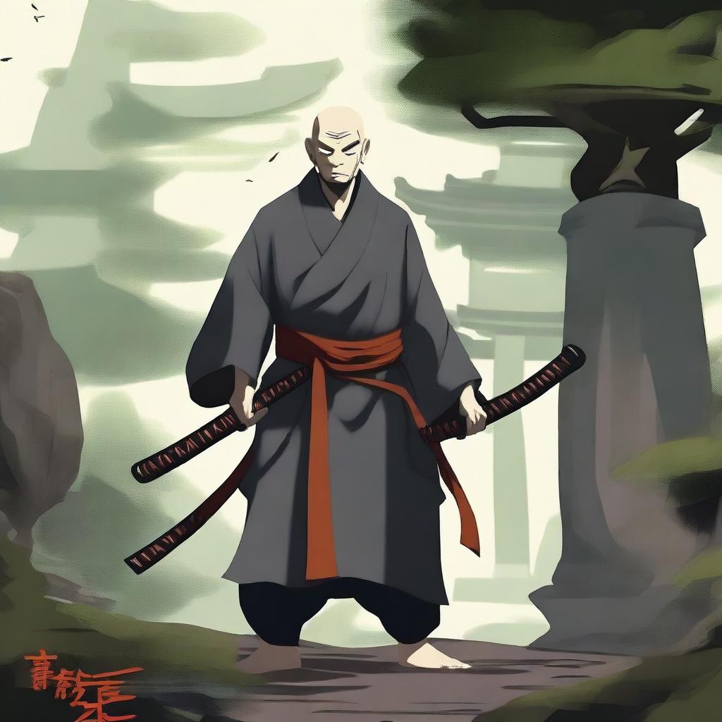 A Yuan-ti monk in the Kensei way, poised in a guard stance with a katana