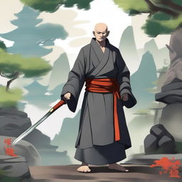 A Yuan-ti monk in the Kensei way, poised in a guard stance with a katana