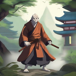 A Yuan-ti monk in the Kensei way, poised in a guard stance with a katana