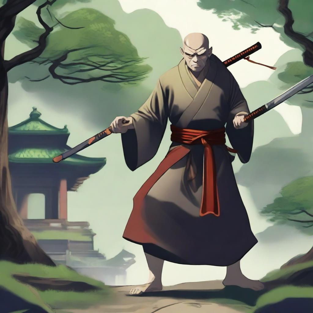 A Yuan-ti monk in the Kensei way, poised in a guard stance with a katana