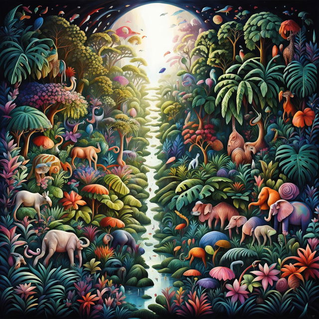 A lush and vibrant jungle scene featuring a diverse array of animals including a giraffe, elephant, leopard, tiger, crocodile, zebra, kangaroo, hippopotamus, flamingo, parrot, deer, rhinoceros, and bison, set against a backdrop of colorful flowers and exotic plants with a hint of mysticism