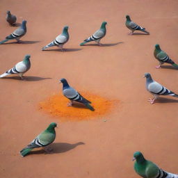 A larger group of realistic pigeons on the ground, their colors skillfully arranged to form a vivid representation of the Indian flag. The saffron, white, and green are clearly defined, while pigeon feed forms a more prominent navy blue Ashoka Chakra at the center.