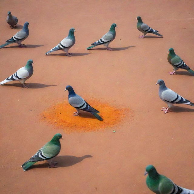 A larger group of realistic pigeons on the ground, their colors skillfully arranged to form a vivid representation of the Indian flag. The saffron, white, and green are clearly defined, while pigeon feed forms a more prominent navy blue Ashoka Chakra at the center.