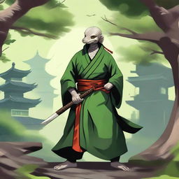 A young Yuan-ti (snake-man) monk in a guard stance with a katana