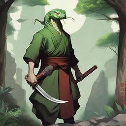 A young Yuan-ti (snake-man) monk in a guard stance with a katana