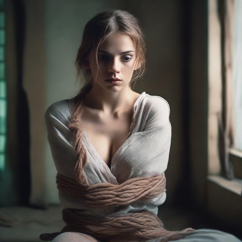 A beautiful girl tied up in a scene